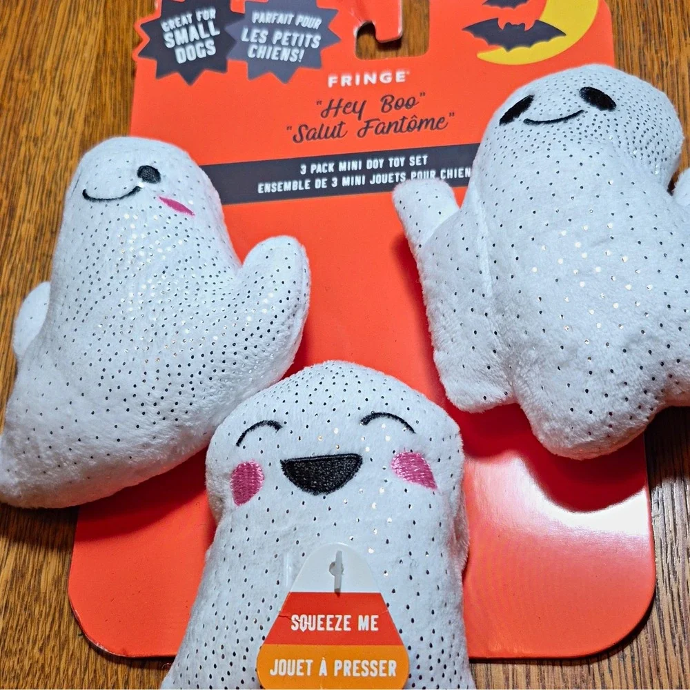 Fringe Hey Boo Mini Plush Squeaky Ghost Dog Toy Set 3 Pack Small Dogs crackley